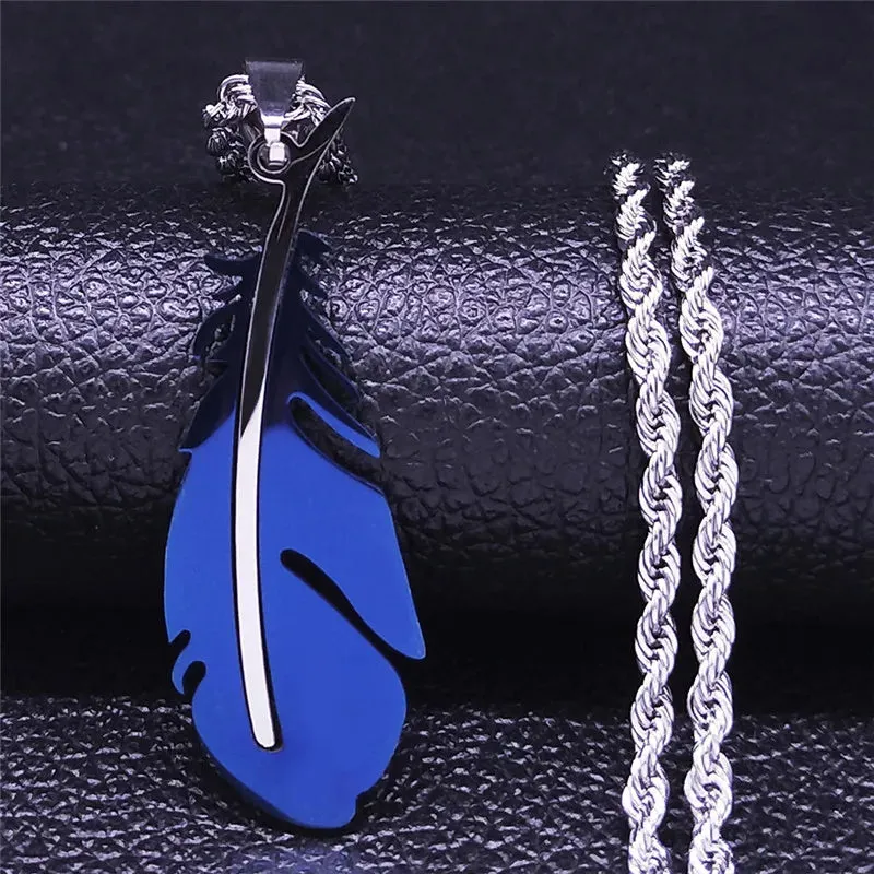 Elegant Feather Stainless Steel Long Necklace for Men Gold Color Necklace Jewelry Gift