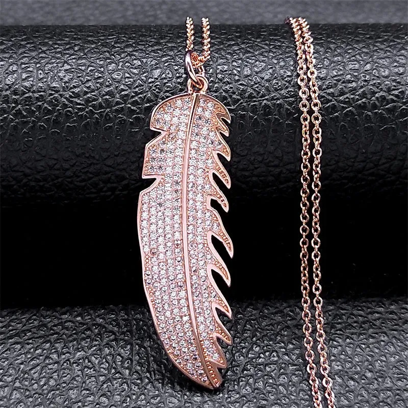 Elegant Feather Stainless Steel Long Necklace for Men Gold Color Necklace Jewelry Gift