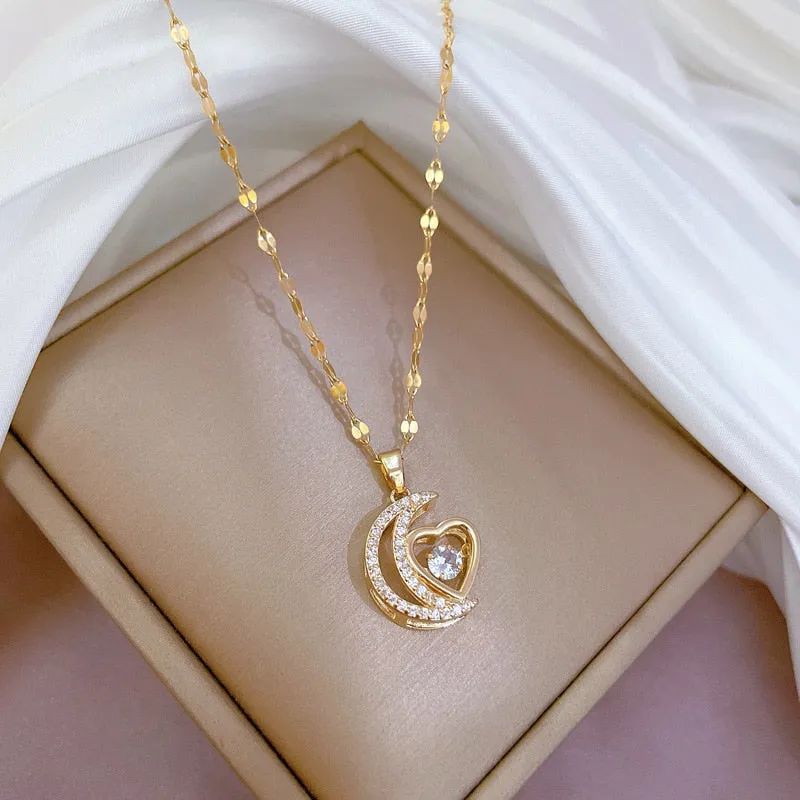 Fashion Light Luxury Temperament Moon Heart Pendant Necklace for Women