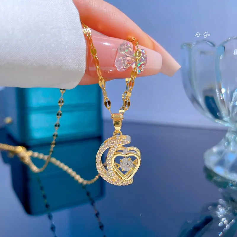 Fashion Light Luxury Temperament Moon Heart Pendant Necklace for Women