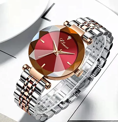 Fashion Women's Analog Quartz Watches Luxury Diamond Stainless Steel Mesh Band Wrist Watches for Women (Red)