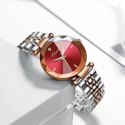 Fashion Women's Analog Quartz Watches Luxury Diamond Stainless Steel Mesh Band Wrist Watches for Women (Red)
