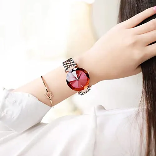 Fashion Women's Analog Quartz Watches Luxury Diamond Stainless Steel Mesh Band Wrist Watches for Women (Red)