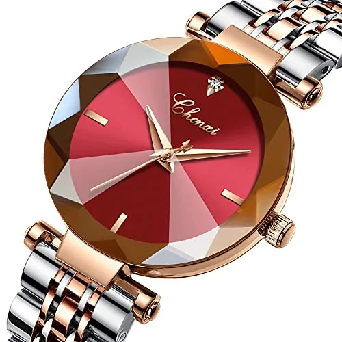 Fashion Women's Analog Quartz Watches Luxury Diamond Stainless Steel Mesh Band Wrist Watches for Women (Red)