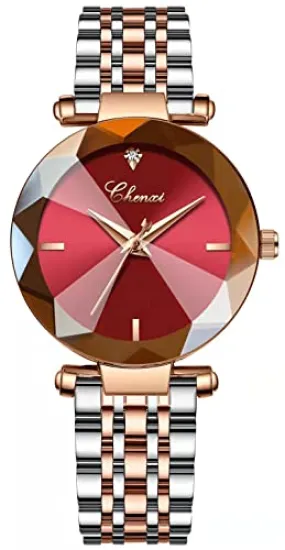 Fashion Women's Analog Quartz Watches Luxury Diamond Stainless Steel Mesh Band Wrist Watches for Women (Red)