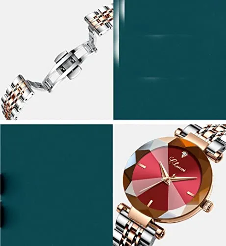 Fashion Women's Analog Quartz Watches Luxury Diamond Stainless Steel Mesh Band Wrist Watches for Women (Red)