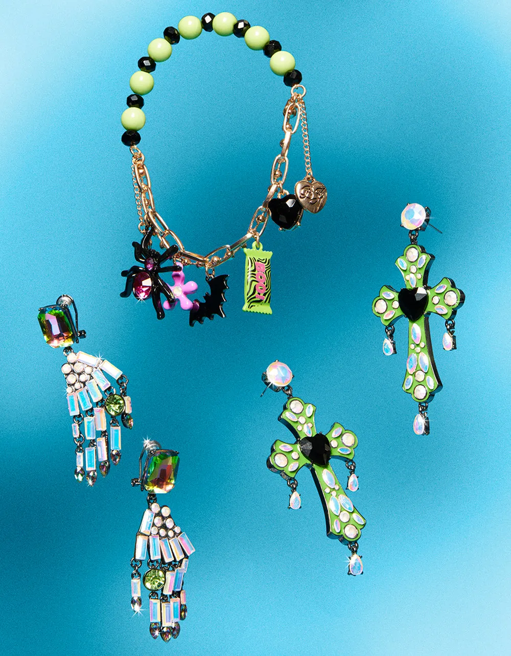 GHOUL FRIENDS STONE CROSS DROP EARRINGS GREEN