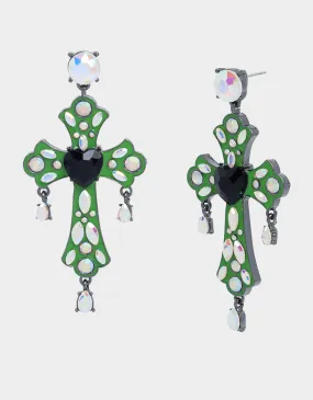 GHOUL FRIENDS STONE CROSS DROP EARRINGS GREEN