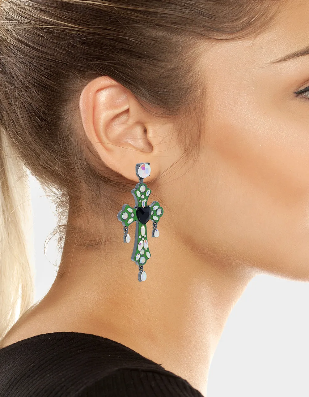 GHOUL FRIENDS STONE CROSS DROP EARRINGS GREEN