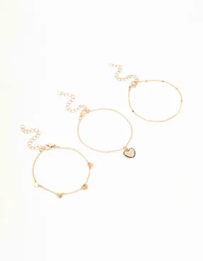 Gold Heart Diamante Bracelets 3-Pack