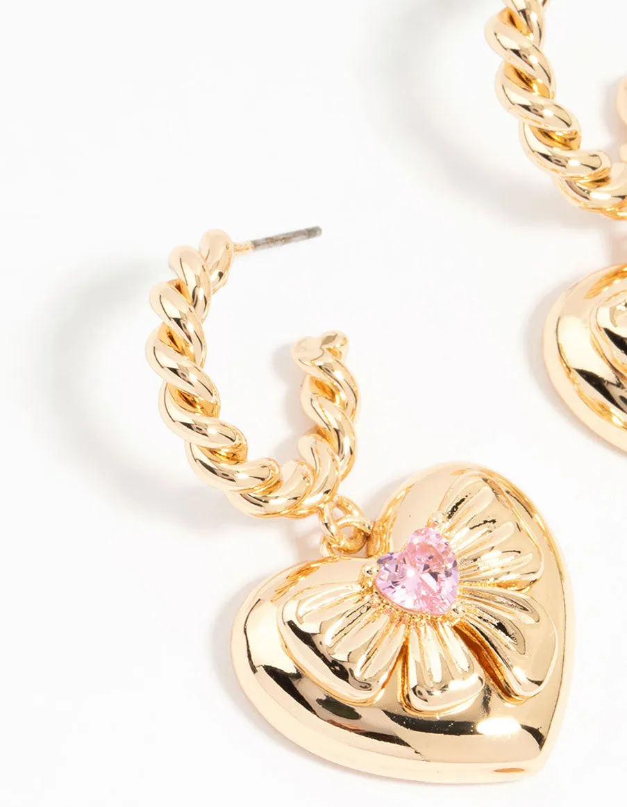 Gold Pink Cubic Zirconia Heart Hoop Earrings