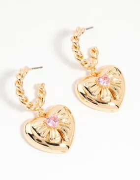 Gold Pink Cubic Zirconia Heart Hoop Earrings