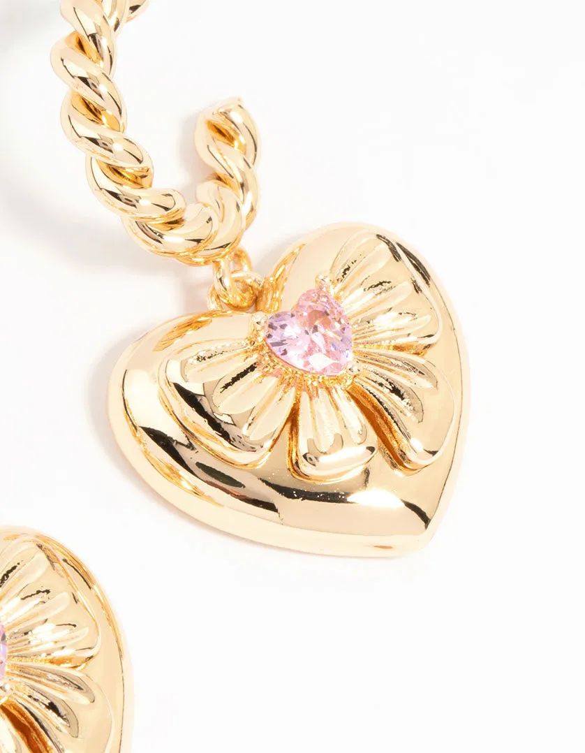 Gold Pink Cubic Zirconia Heart Hoop Earrings