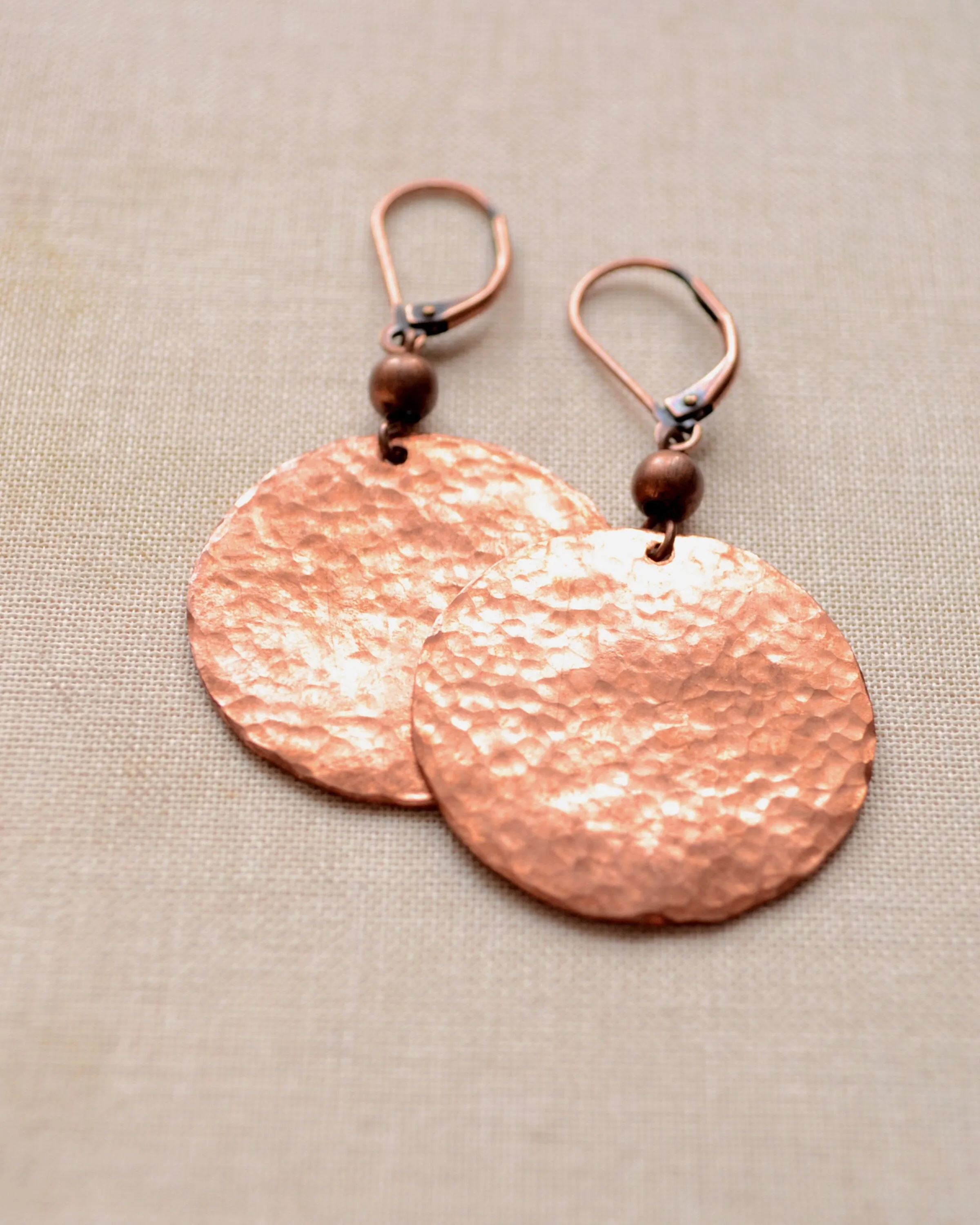 Hammered antique copper round earrings, sunset earrings, romantic gift, boho copper anniversary