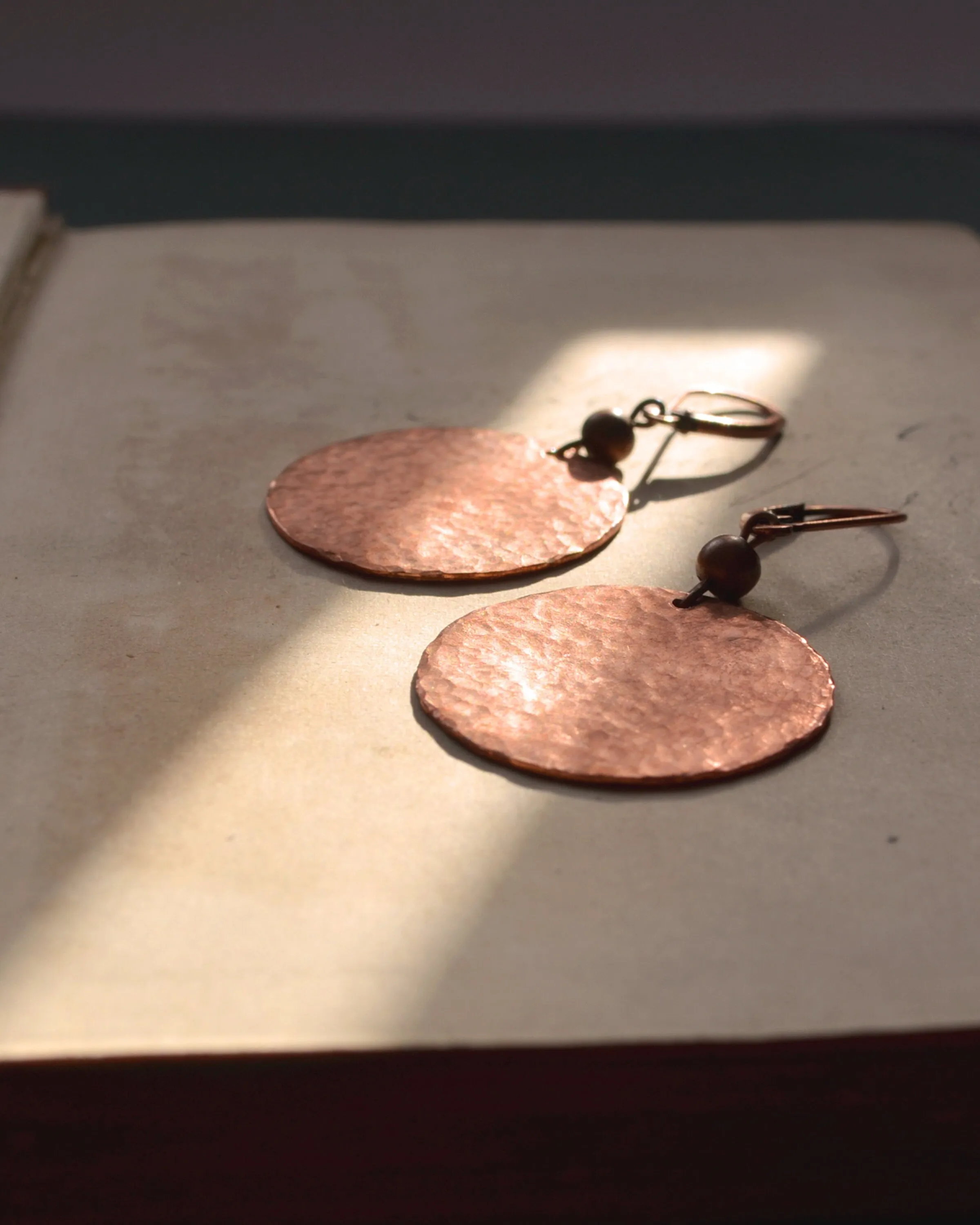 Hammered antique copper round earrings, sunset earrings, romantic gift, boho copper anniversary
