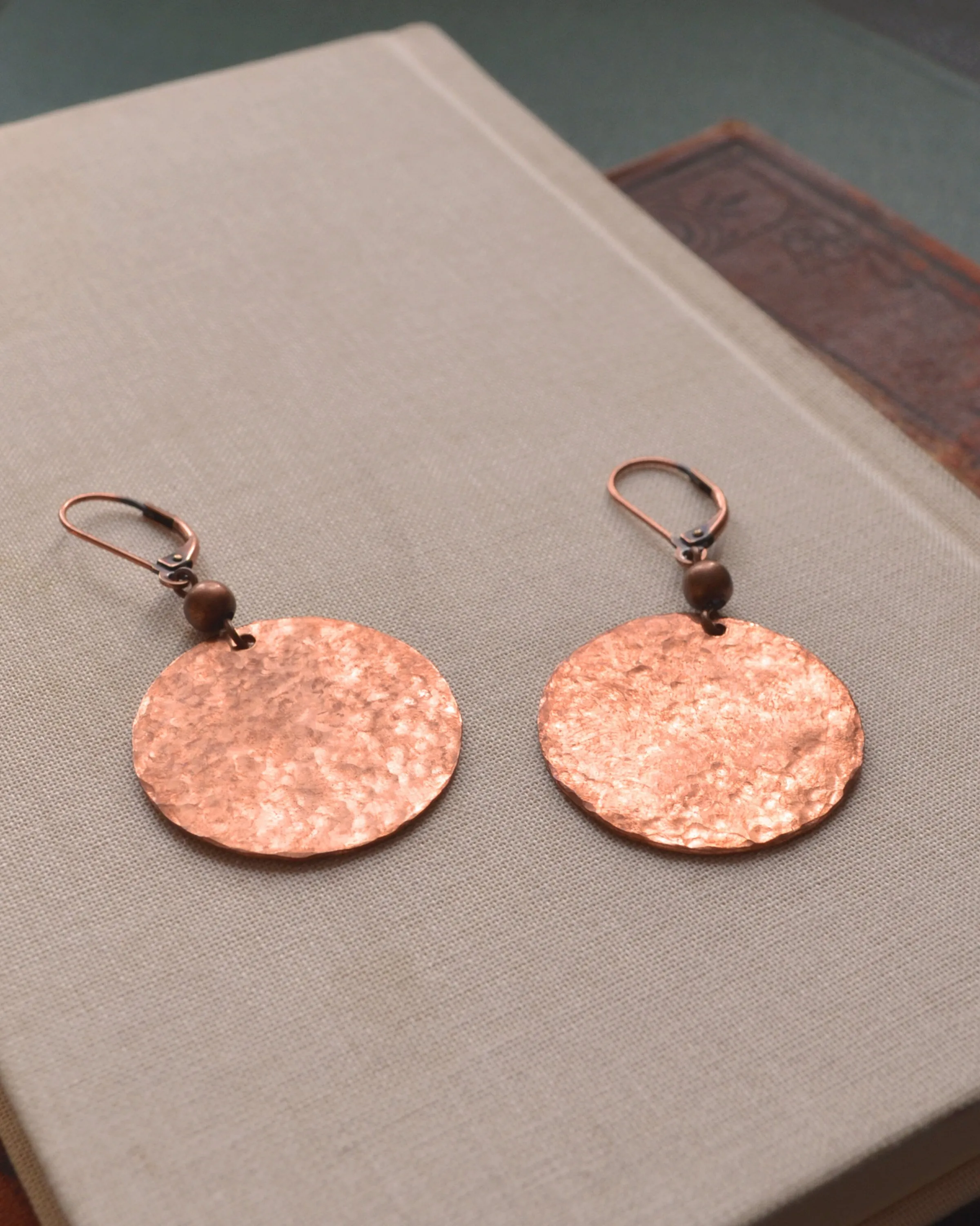 Hammered antique copper round earrings, sunset earrings, romantic gift, boho copper anniversary