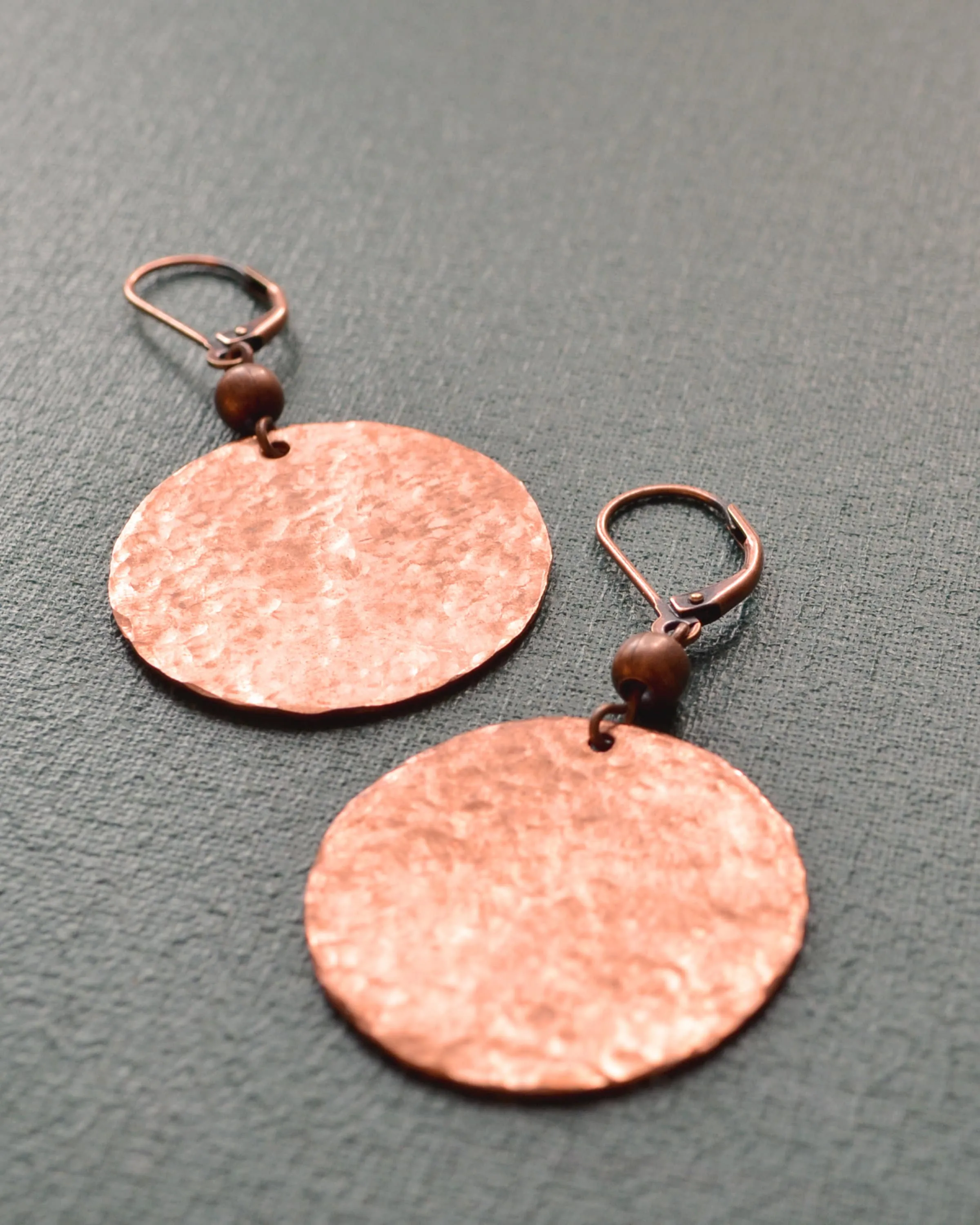 Hammered antique copper round earrings, sunset earrings, romantic gift, boho copper anniversary