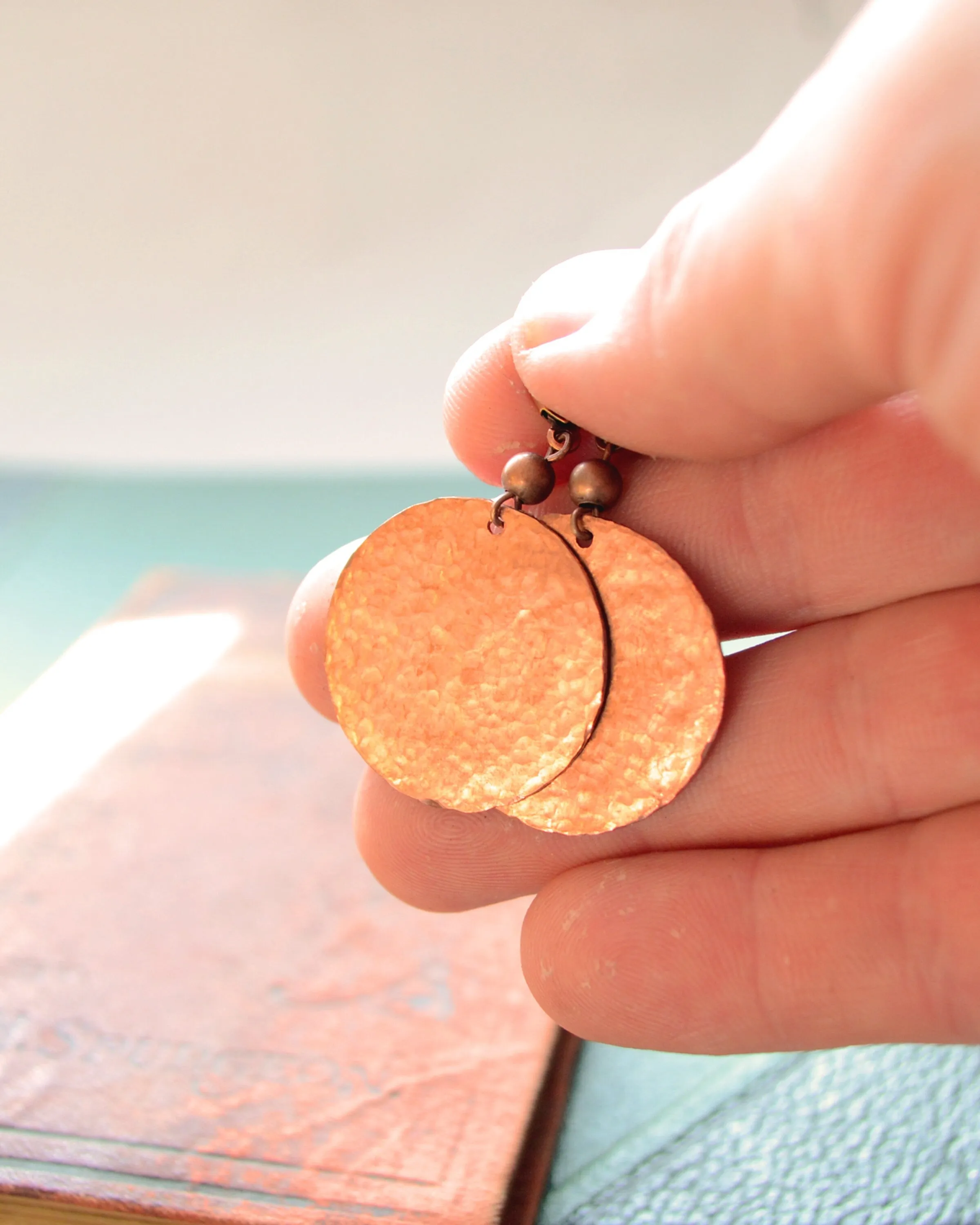 Hammered antique copper round earrings, sunset earrings, romantic gift, boho copper anniversary