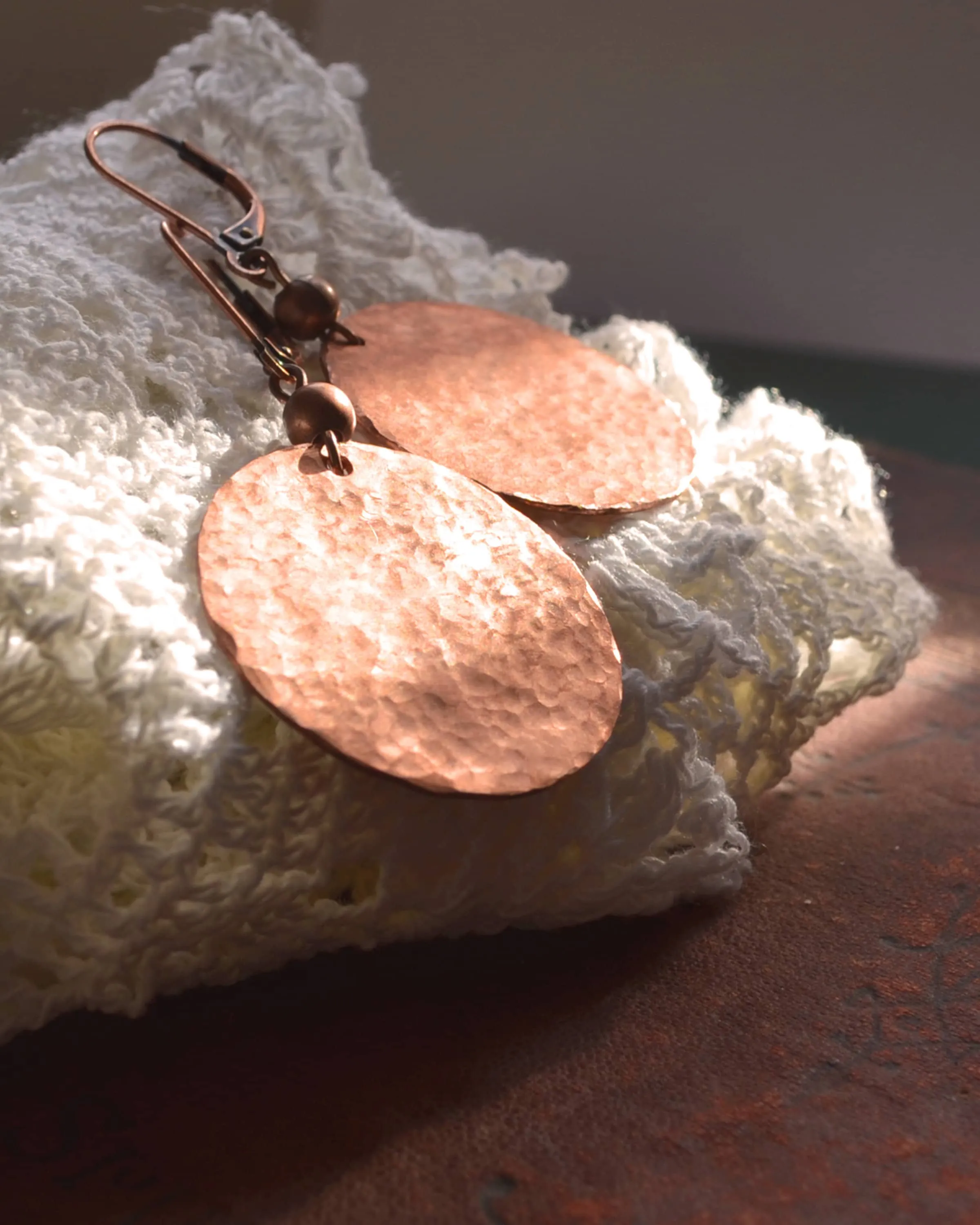 Hammered antique copper round earrings, sunset earrings, romantic gift, boho copper anniversary