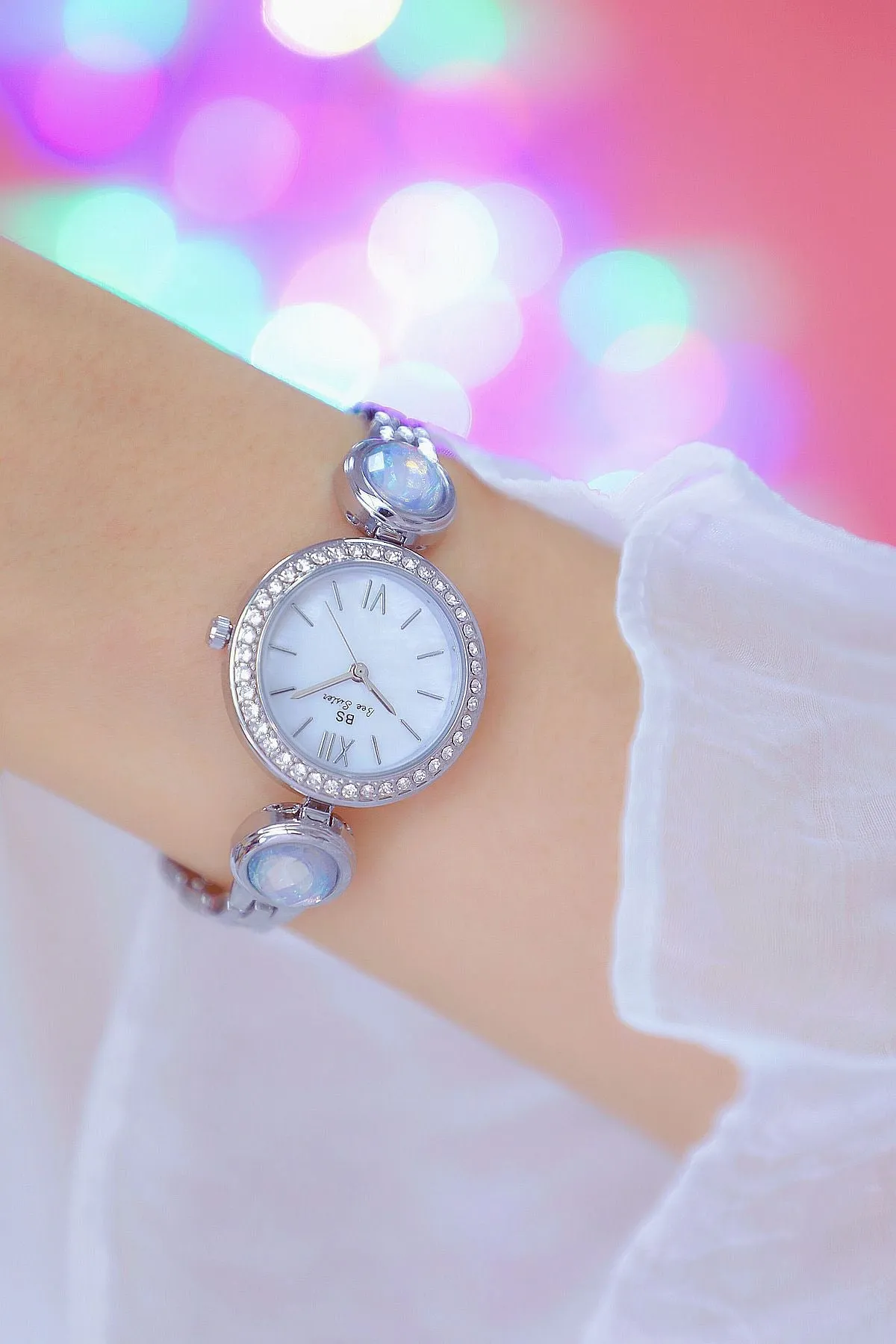 Hip Hop Elegant Women's Round Stainless Steel Quartz Bracelet Wristwatch