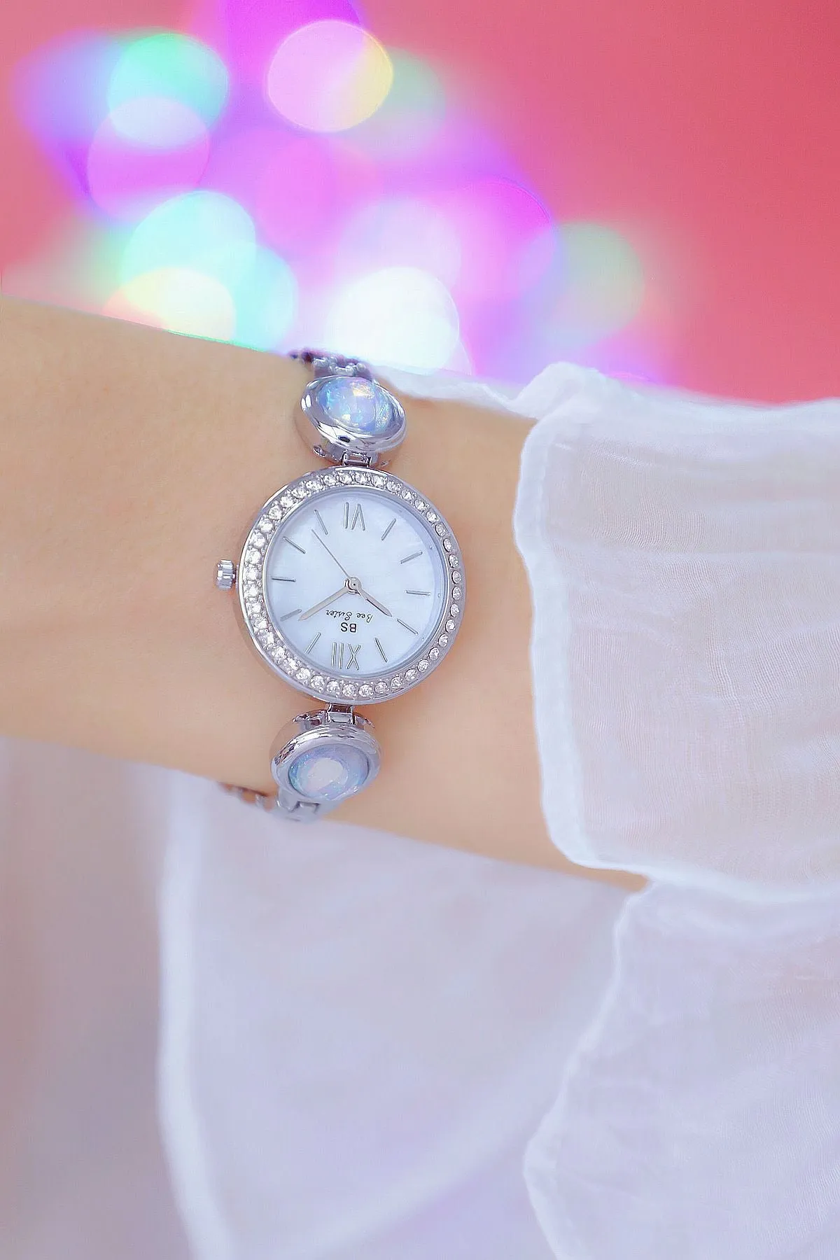 Hip Hop Elegant Women's Round Stainless Steel Quartz Bracelet Wristwatch