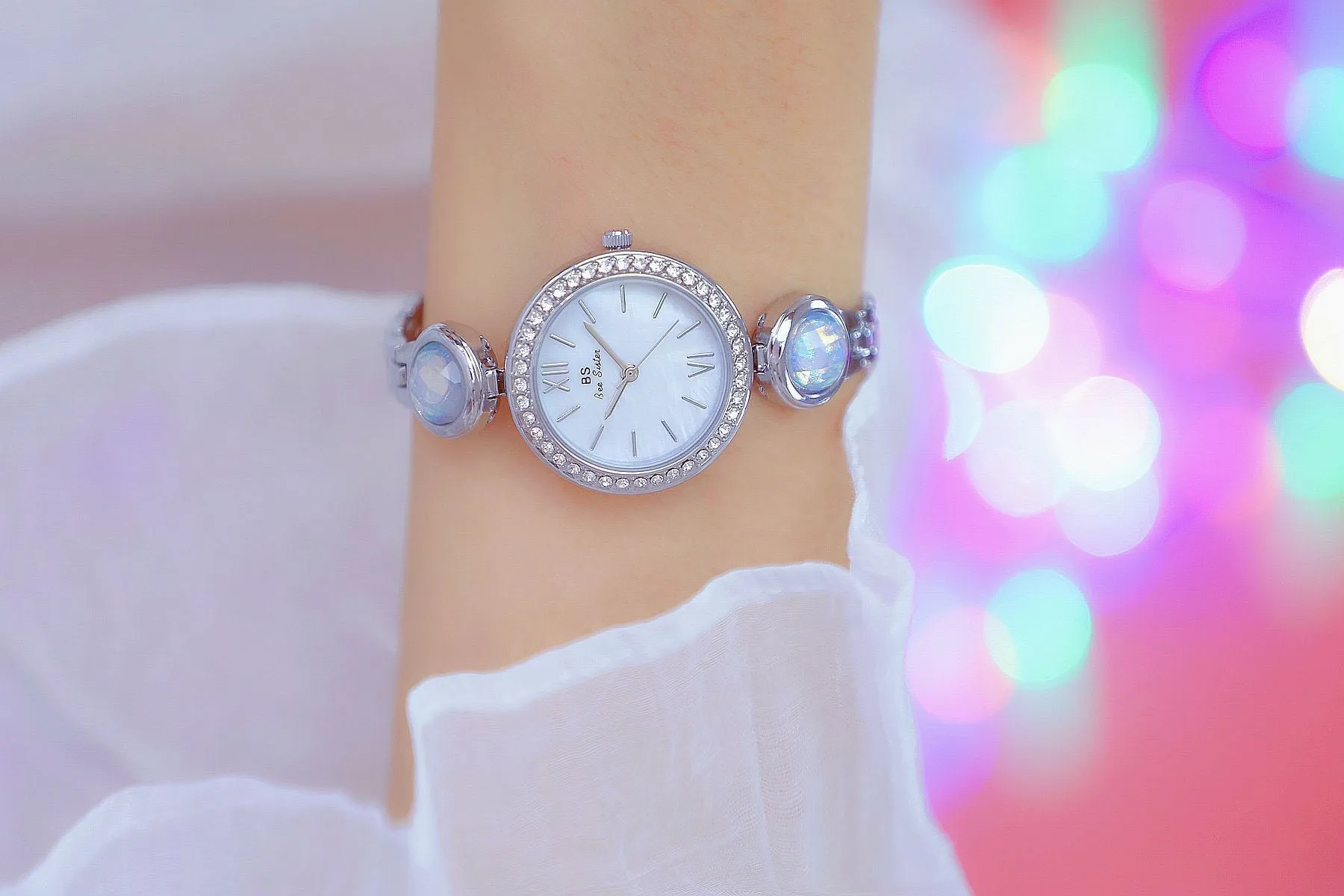 Hip Hop Elegant Women's Round Stainless Steel Quartz Bracelet Wristwatch