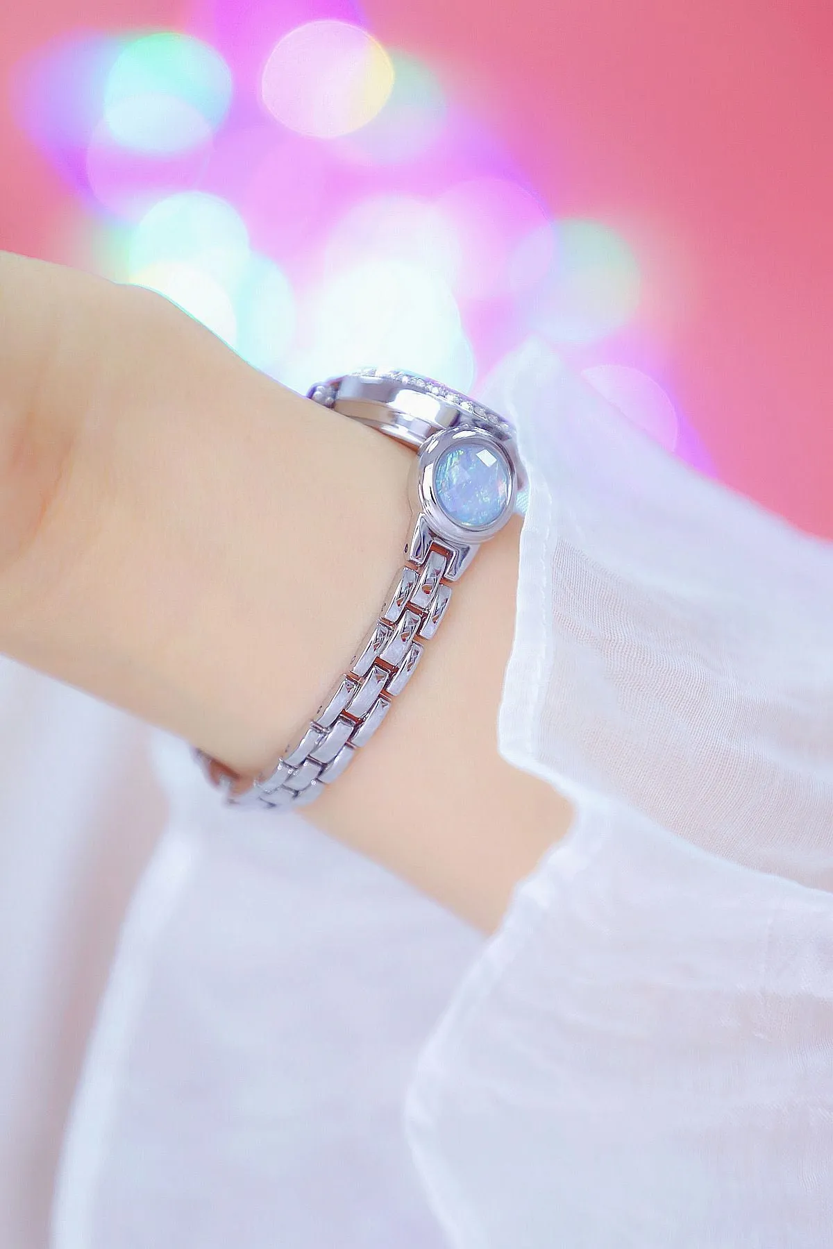 Hip Hop Elegant Women's Round Stainless Steel Quartz Bracelet Wristwatch