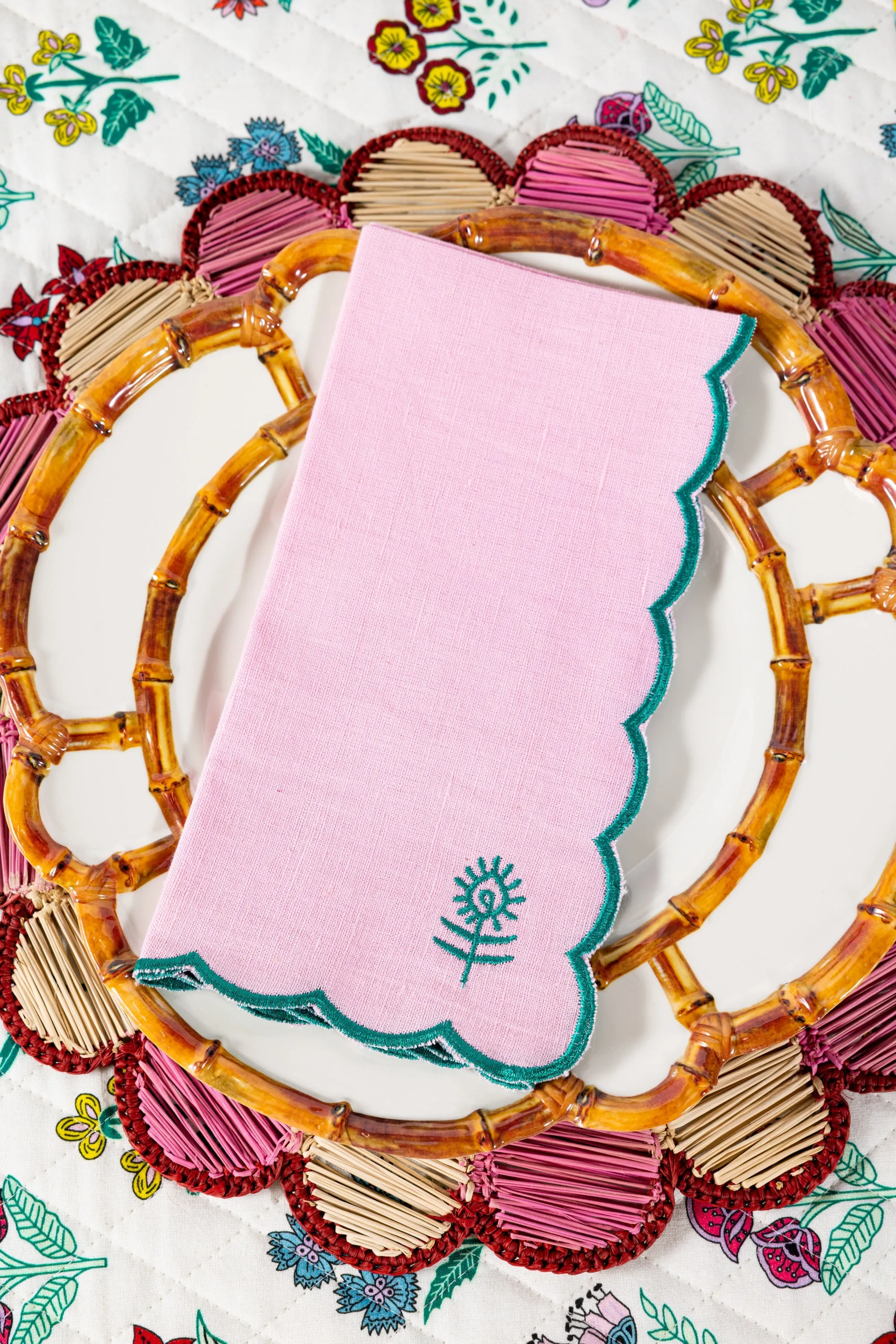 Icon Linen Napkins 4pc Set - Light Pink/Emerald