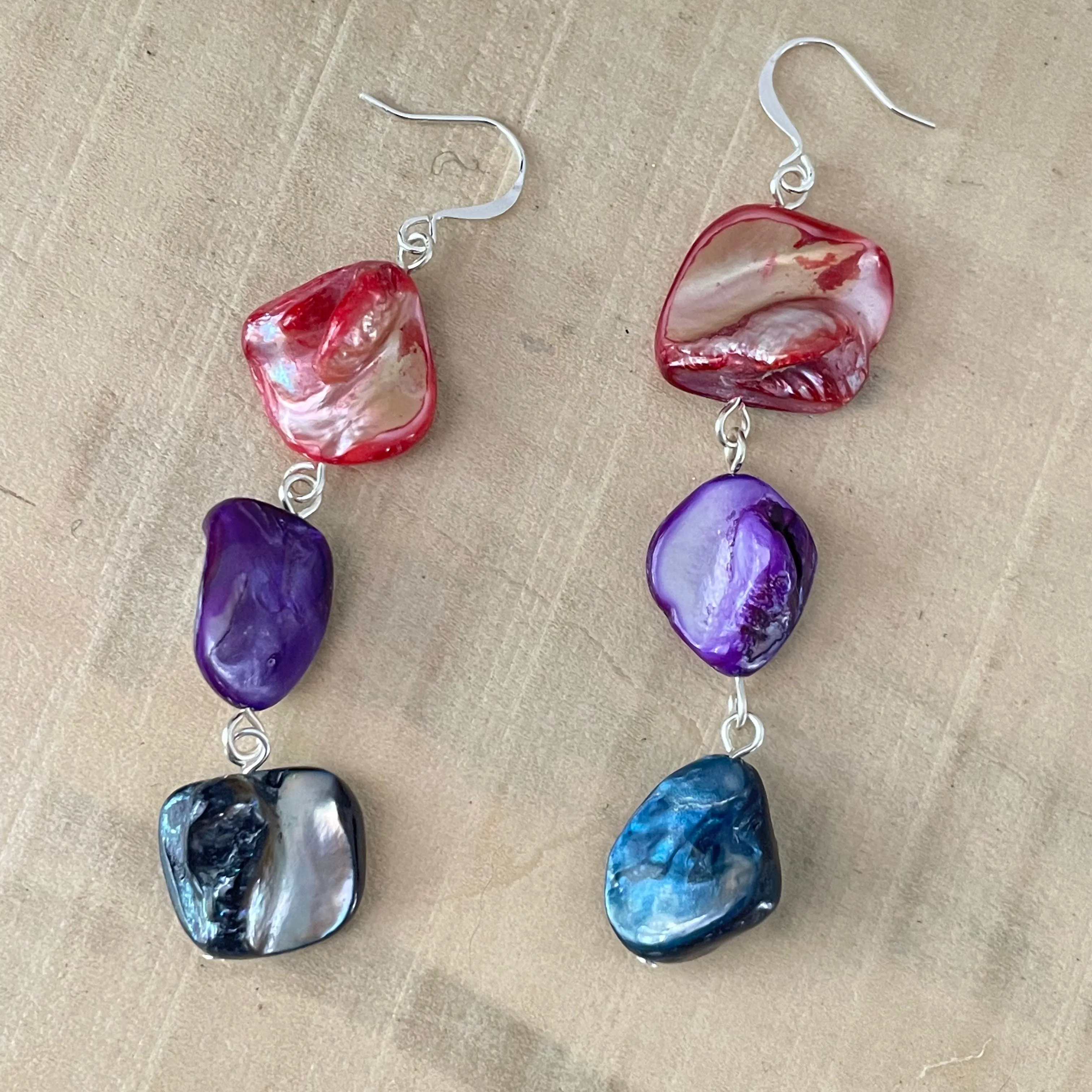 Iridescent Bi Flag Shell Dangle Drop Earrings 3-3.25" Ombre Pink Purple Blue LGBTQIA Pride Ally Colorful