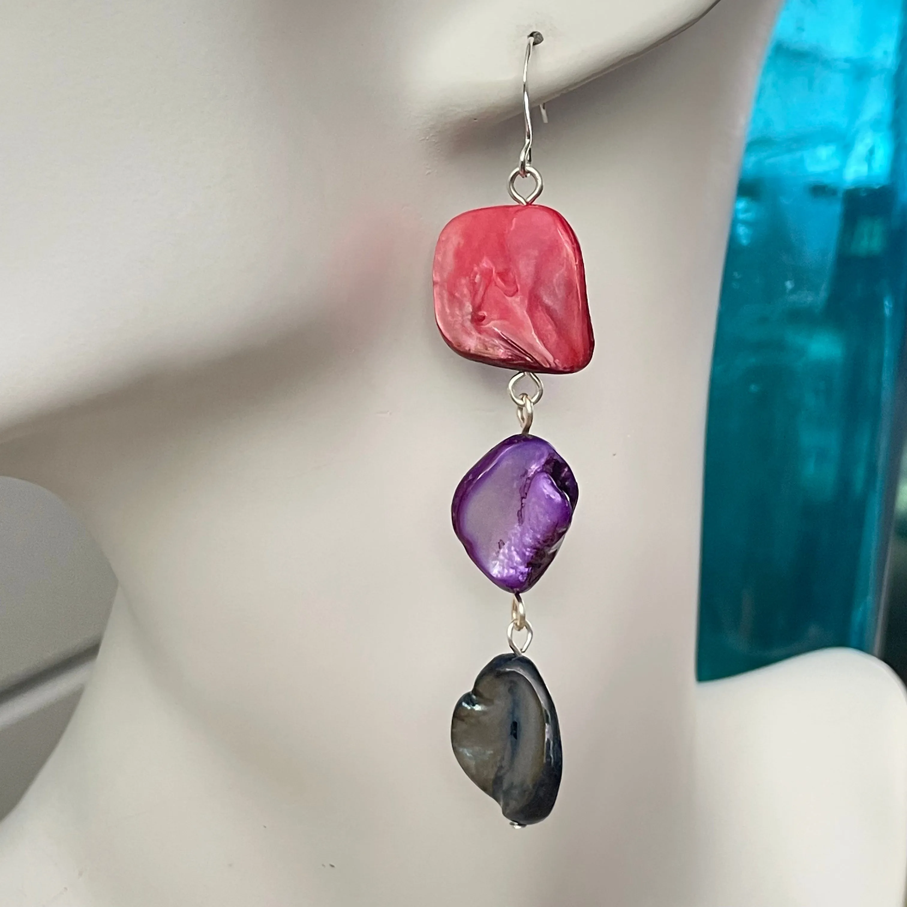 Iridescent Bi Flag Shell Dangle Drop Earrings 3-3.25" Ombre Pink Purple Blue LGBTQIA Pride Ally Colorful