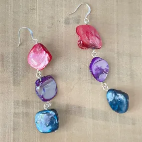 Iridescent Bi Flag Shell Dangle Drop Earrings 3-3.25" Ombre Pink Purple Blue LGBTQIA Pride Ally Colorful