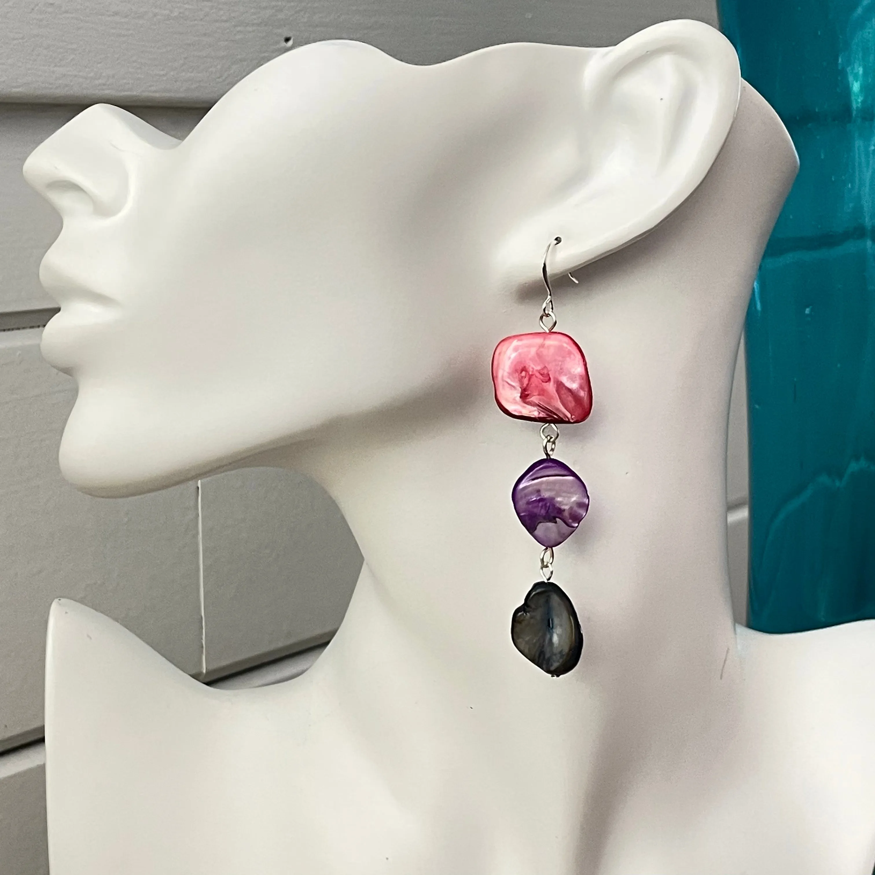 Iridescent Bi Flag Shell Dangle Drop Earrings 3-3.25" Ombre Pink Purple Blue LGBTQIA Pride Ally Colorful