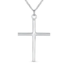 Minimalist Large Tube Cross Pendant Necklace for Teens in Polished Sterling Silver