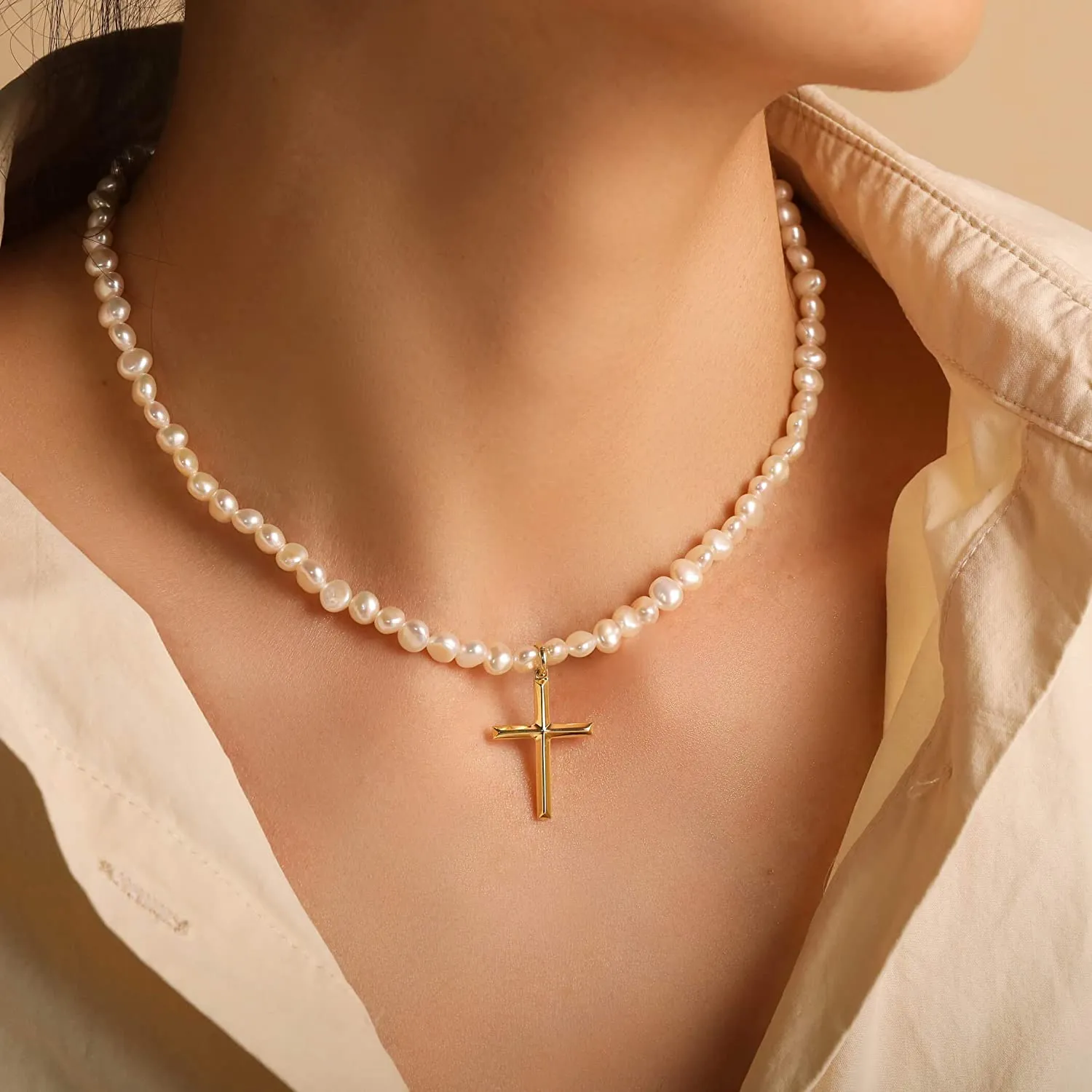 Natural Pearls Cross Pendant Necklace