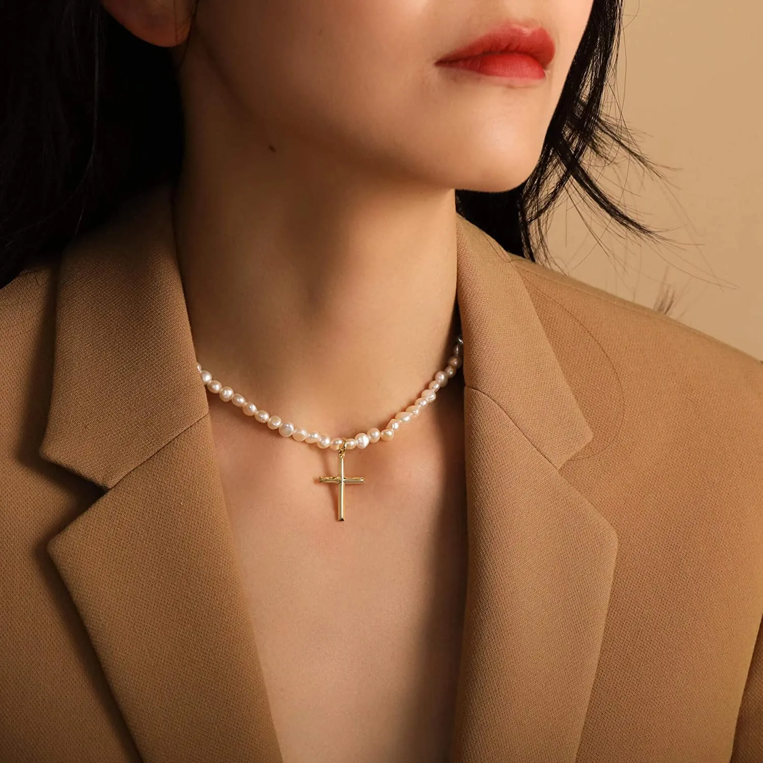 Natural Pearls Cross Pendant Necklace