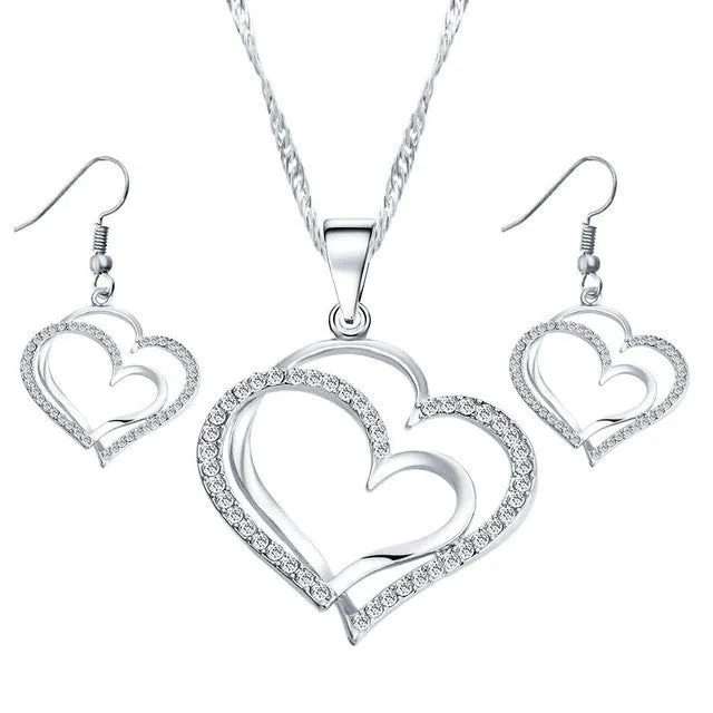 Romantic Heart Crystal Earrings and Necklace Set