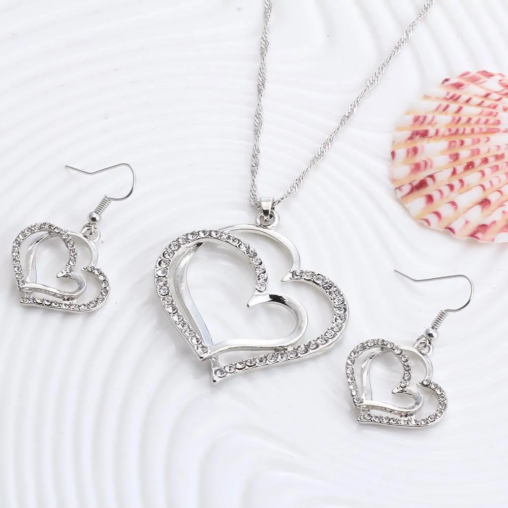 Romantic Heart Crystal Earrings and Necklace Set