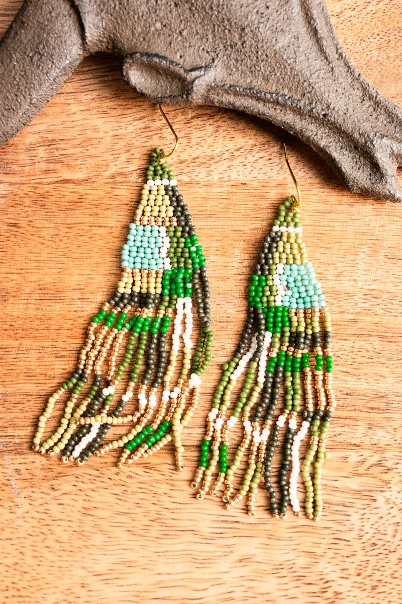 SALE! Bellshore Olive Multi Fringe Seed Bead Earrings