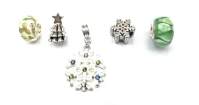 Set of 5 Silver Plated Green Christmas Themed Charms and Beads