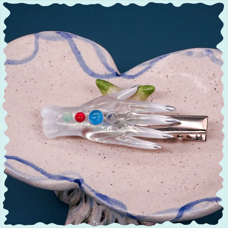 The colorful white fairy goblin hands earring, necklace & hairclips