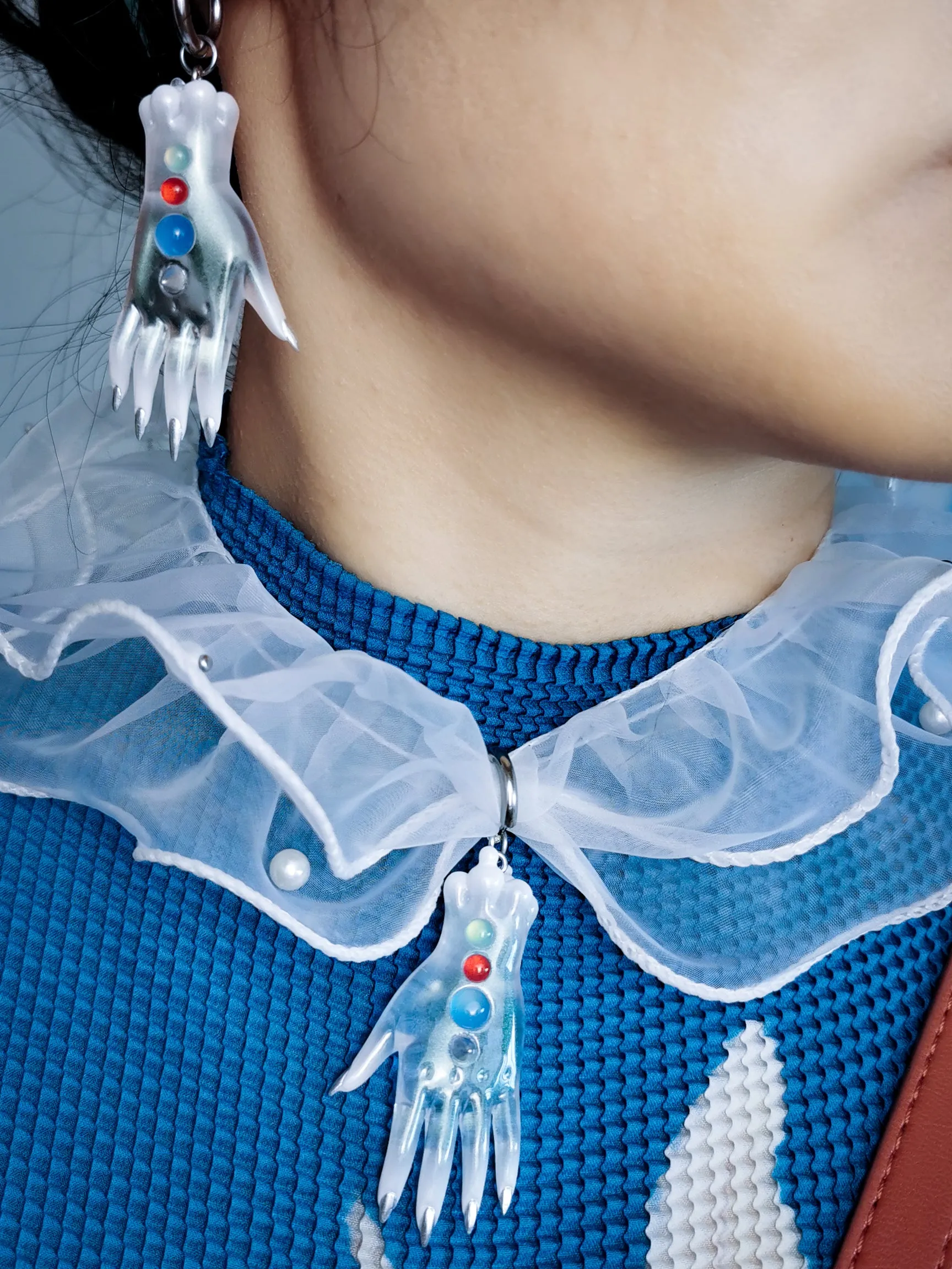 The colorful white fairy goblin hands earring, necklace & hairclips