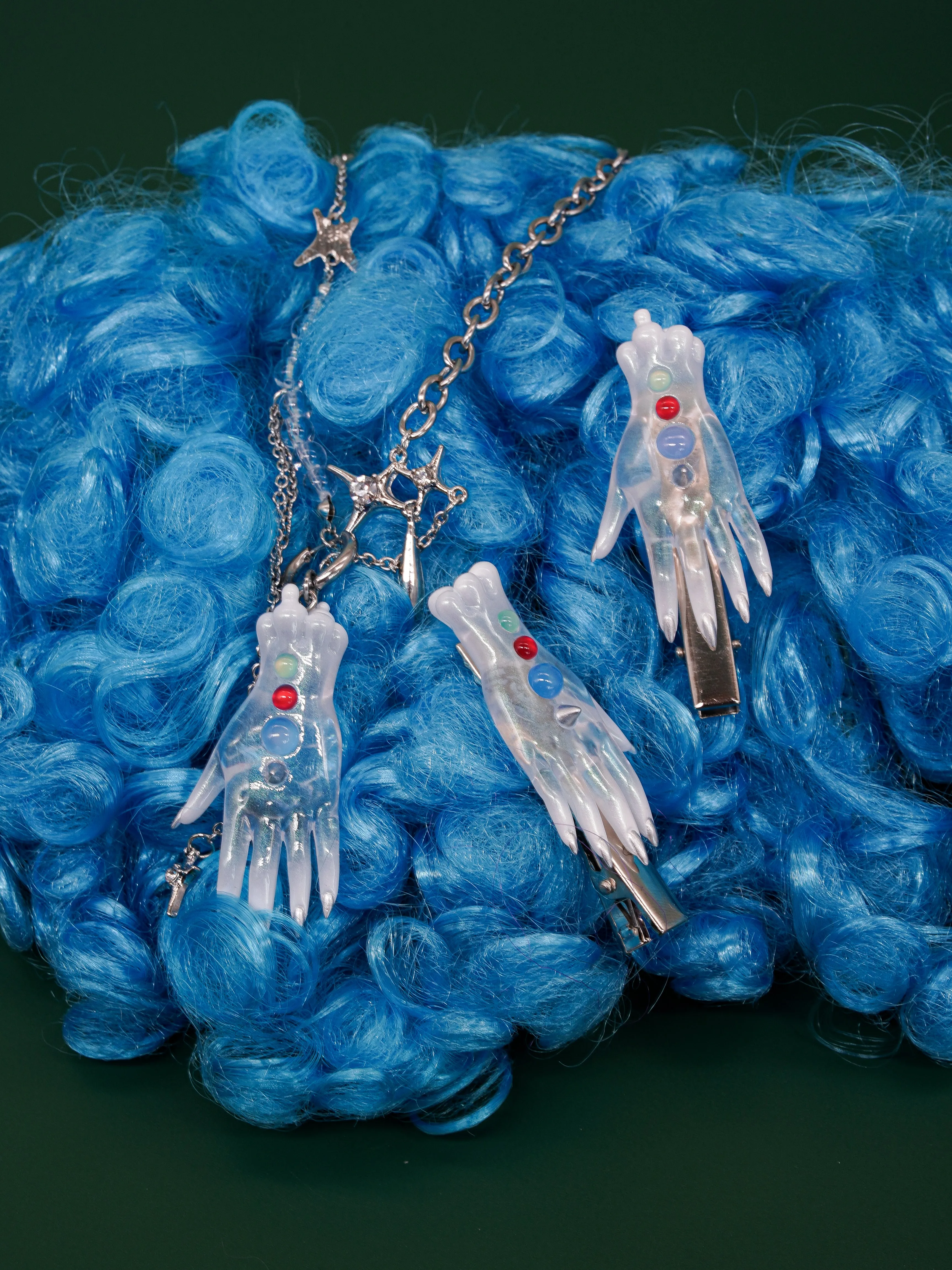 The colorful white fairy goblin hands earring, necklace & hairclips