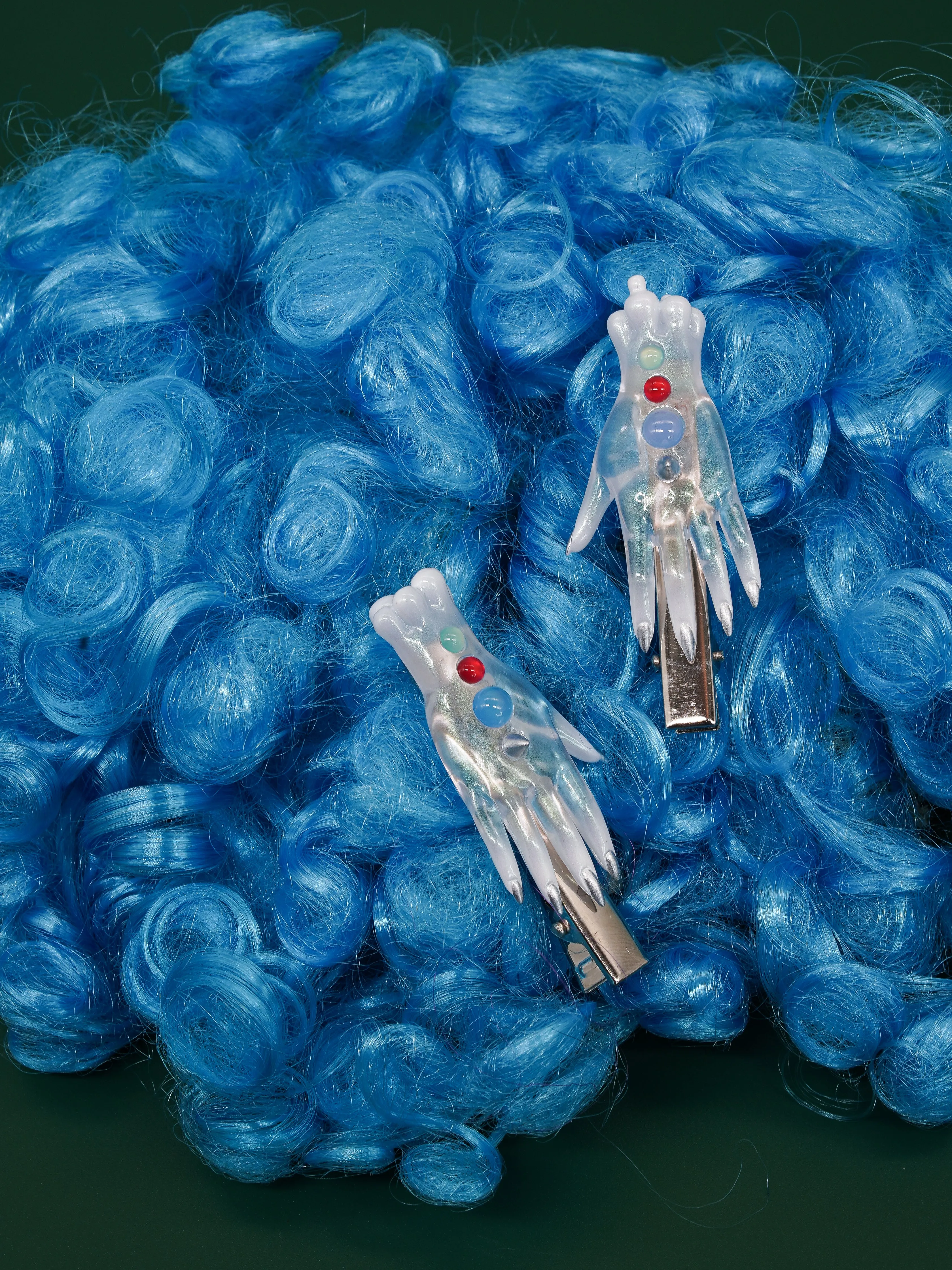 The colorful white fairy goblin hands earring, necklace & hairclips