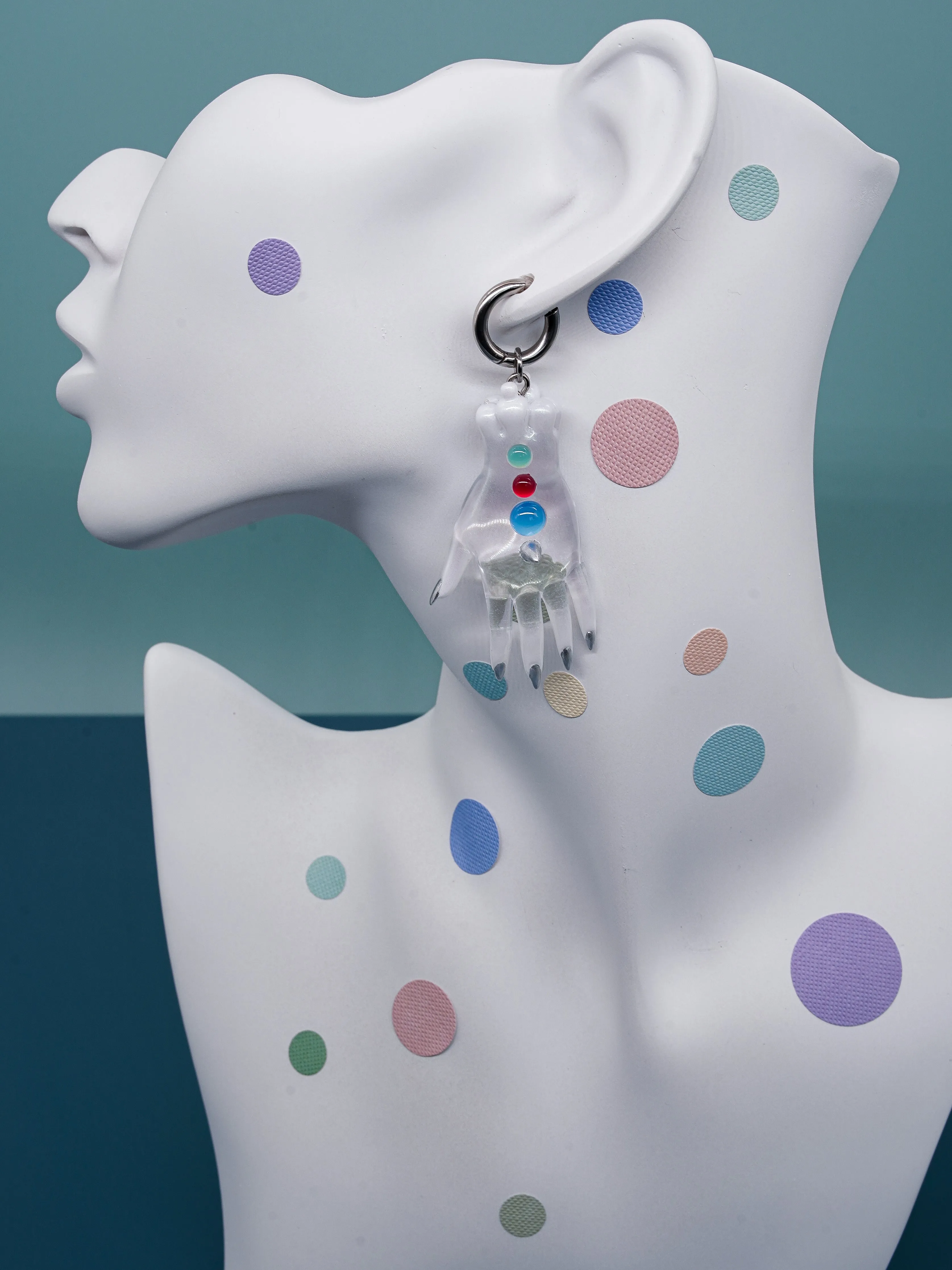The colorful white fairy goblin hands earring, necklace & hairclips