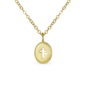 Tiny Petite Religious Cross Pendant Necklace 14K Gold Plated Sterling Silver Chain