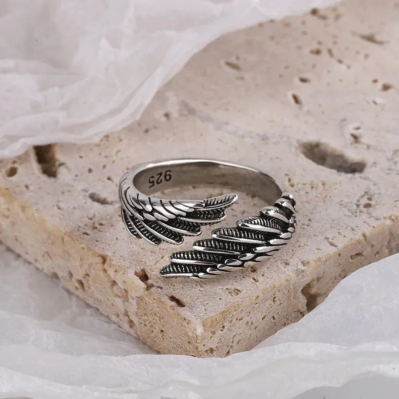 VAIGE Vintage Silver Couples Rings with Creative Wings Design, Thai Silver Fashion Jewelry for Parties and Anniversaries