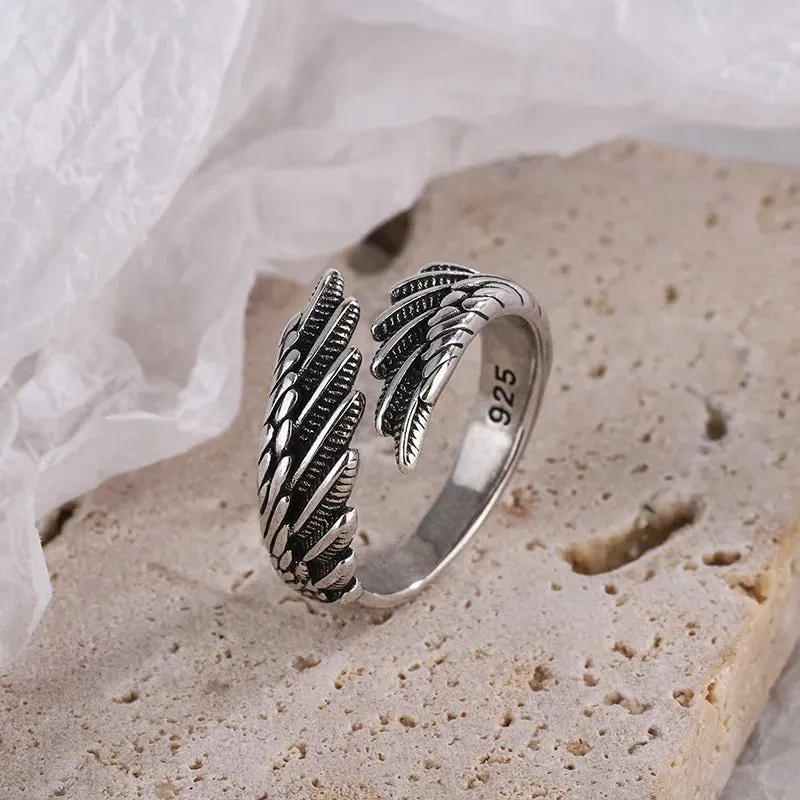 VAIGE Vintage Silver Couples Rings with Creative Wings Design, Thai Silver Fashion Jewelry for Parties and Anniversaries