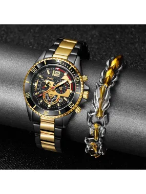 Waterproof Stainless Steel Calendar Men's Quartz Watch & 1pc Dragon Bone Bracelet