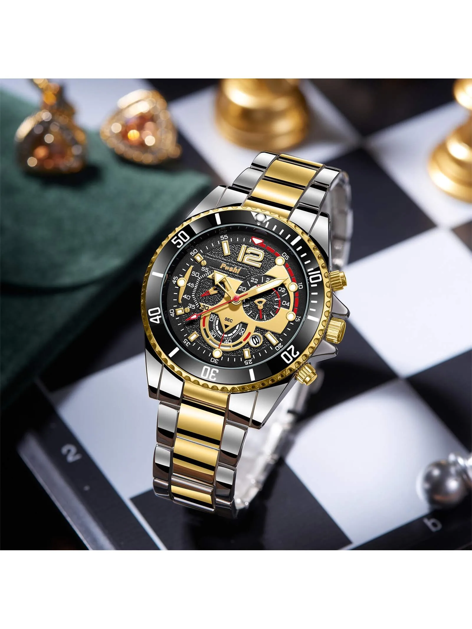 Waterproof Stainless Steel Calendar Men's Quartz Watch & 1pc Dragon Bone Bracelet
