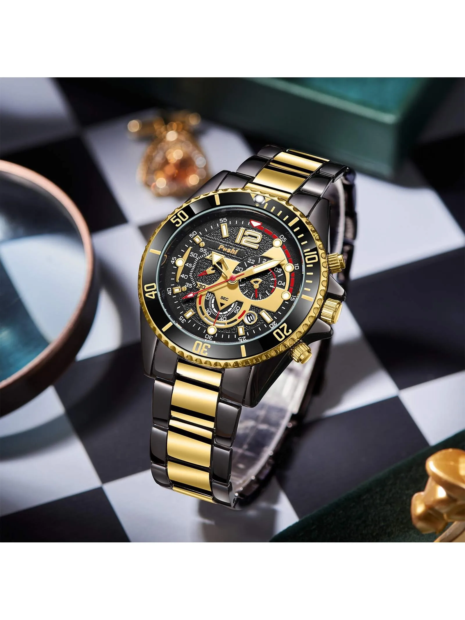 Waterproof Stainless Steel Calendar Men's Quartz Watch & 1pc Dragon Bone Bracelet